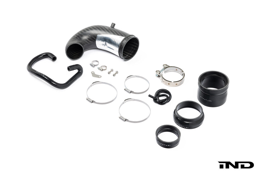 Eventuri Audi 8Y RS3 LHD carbon fiber turbo inlet showcasing sleek design and high-performance intake component.