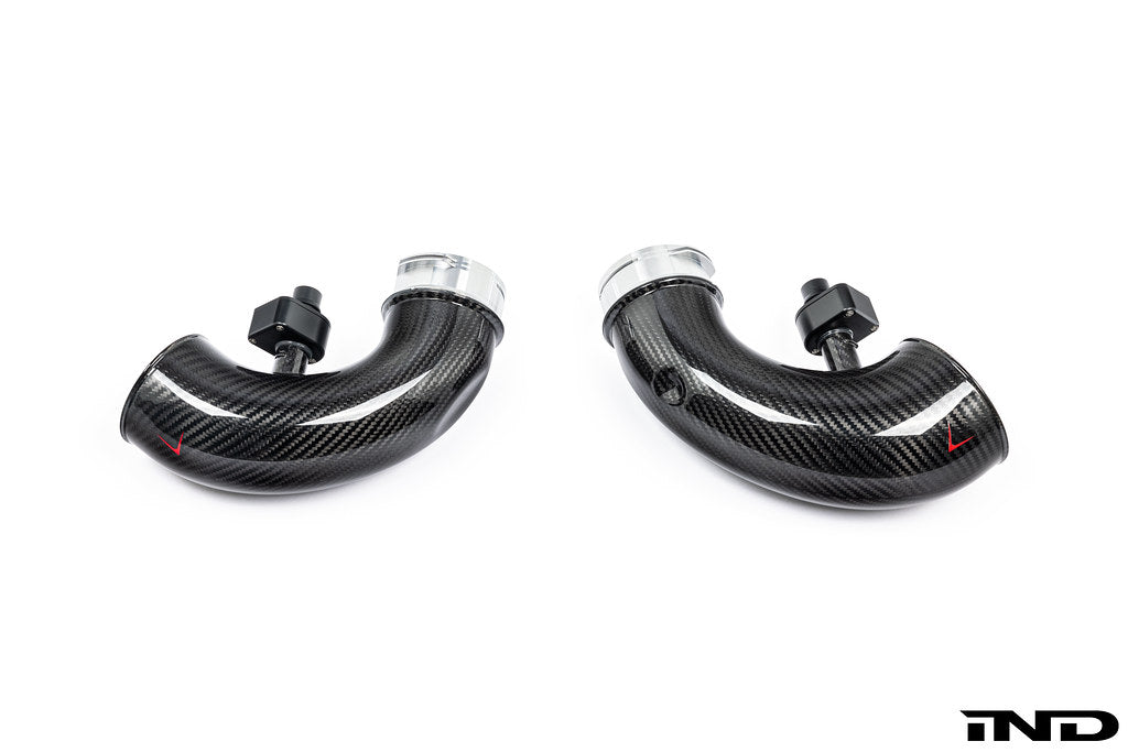 Eventuri F9X X5M X6M Pre-LCI carbon turbo inlet set for performance enhancement, shown with black carbon fiber material.
