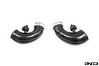 Eventuri F9X X5M X6M Pre-LCI carbon turbo inlet set for performance enhancement, shown with black carbon fiber material.