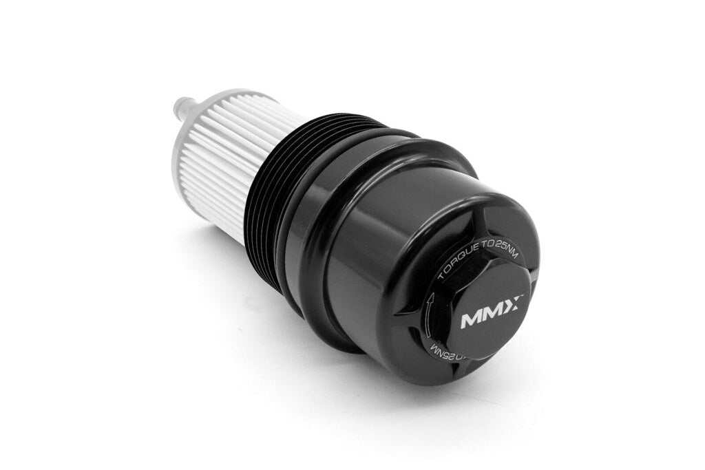 MMX Performance BMW S58 billet oil filter housing cap, a precision-engineered performance engine component in metallic finish.