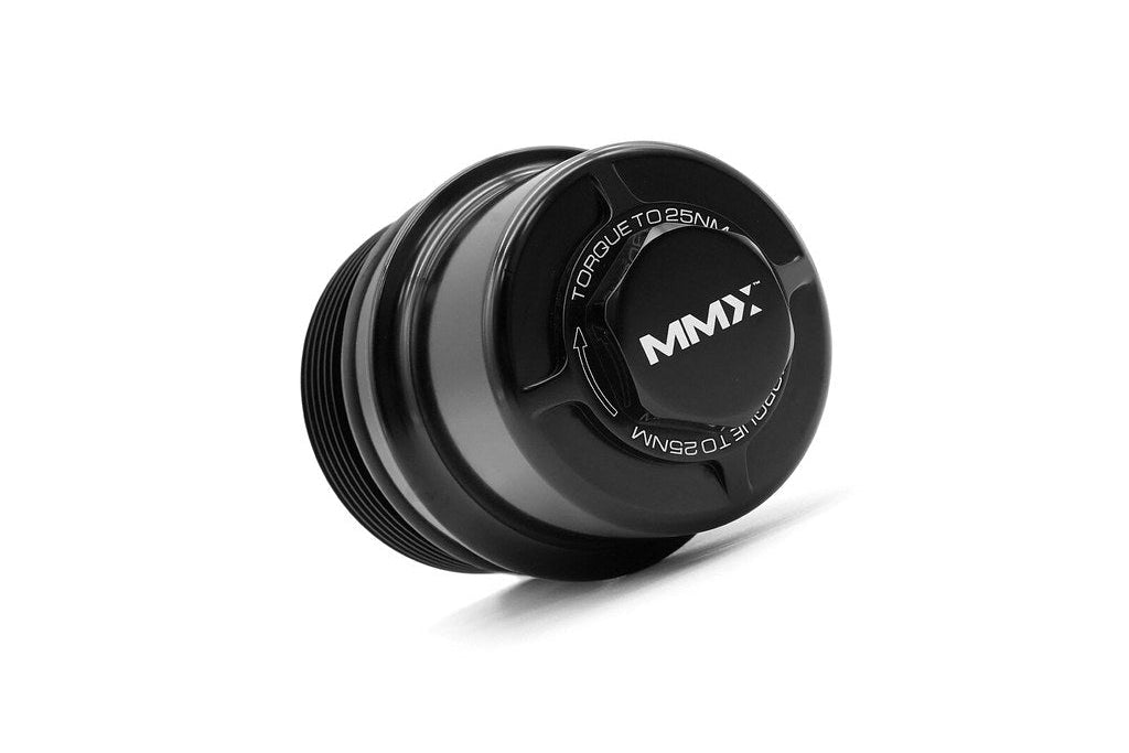 MMX Performance BMW S58 billet oil filter housing cap, high-performance engine component for BMW vehicles.