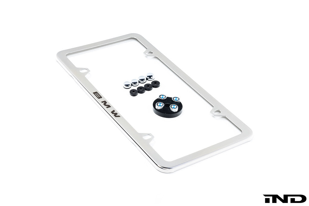 BMW Laser Slimline License Plate Frame with BMW Roundel Valve Stem Caps - Polished Silver
