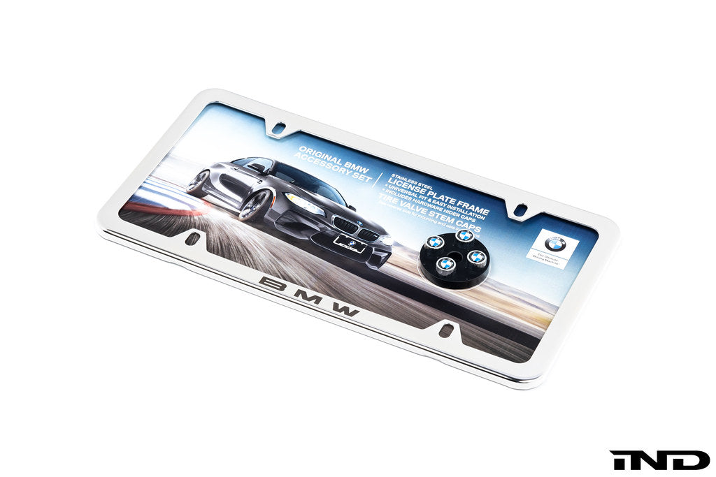 BMW Laser Slimline License Plate Frame with BMW Roundel Valve Stem Caps - Polished Silver