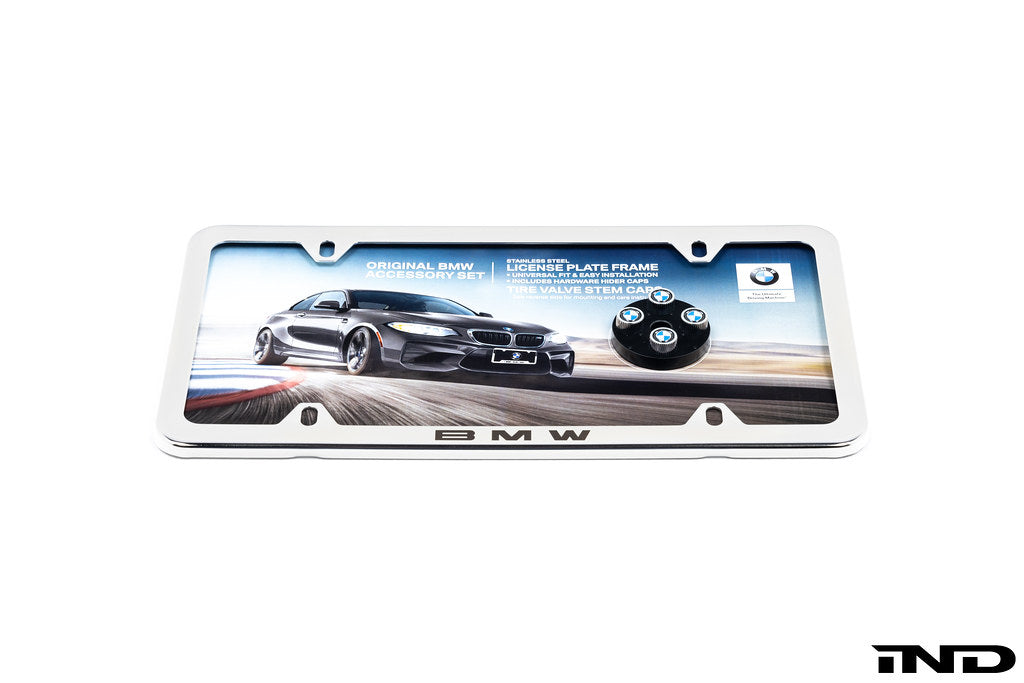 BMW Laser Slimline License Plate Frame with BMW Roundel Valve Stem Caps - Polished Silver