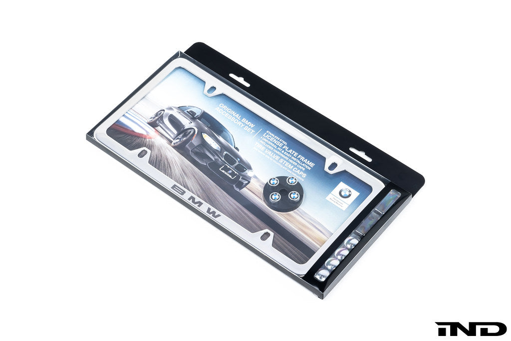 BMW Laser Slimline License Plate Frame with BMW Roundel Valve Stem Caps - Polished Silver