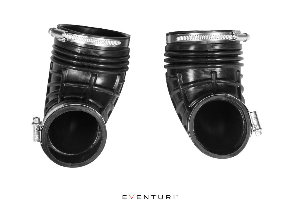 Eventuri black carbon twin turbo V8 intake system for 2025+ 4.0TFSI performance engine, featuring sleek carbon fiber components.
