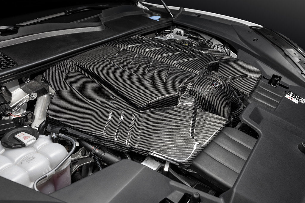 Eventuri 4.0TFSI Twin Turbo V8 black carbon intake system for 2025+ performance vehicles, showcasing sleek carbon fiber components.