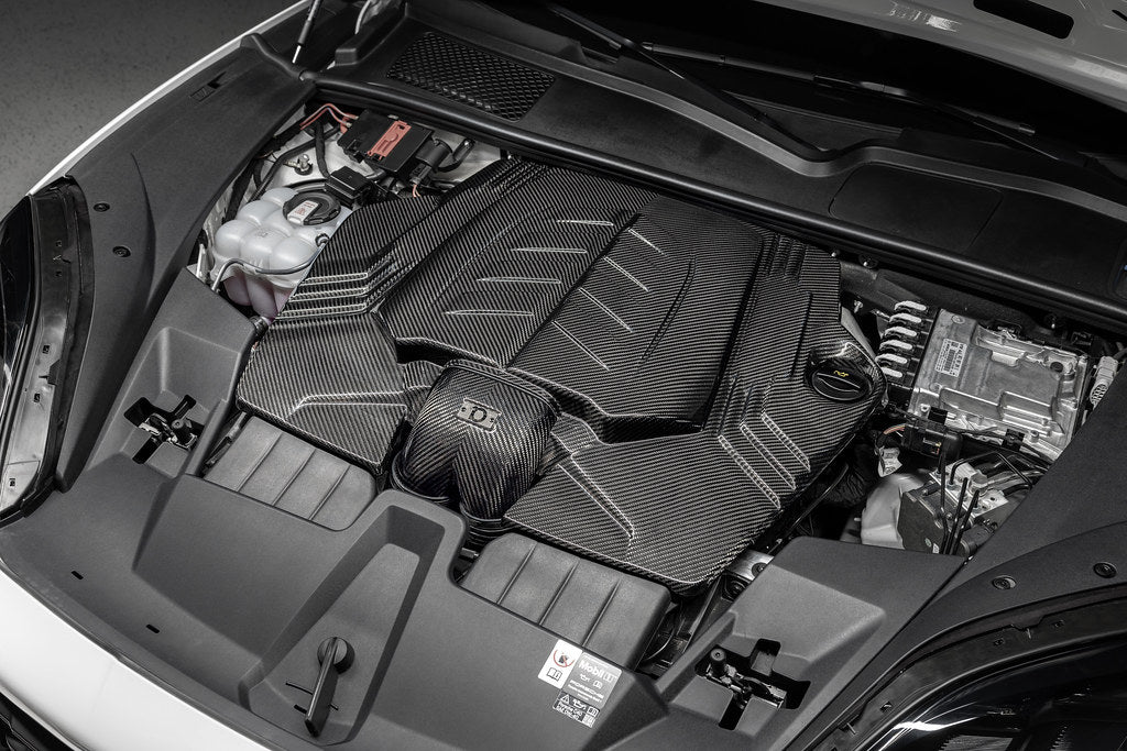 Eventuri 4.0TFSI Twin Turbo V8 black carbon intake system for 2025+ performance vehicles, showcasing sleek carbon fiber components.