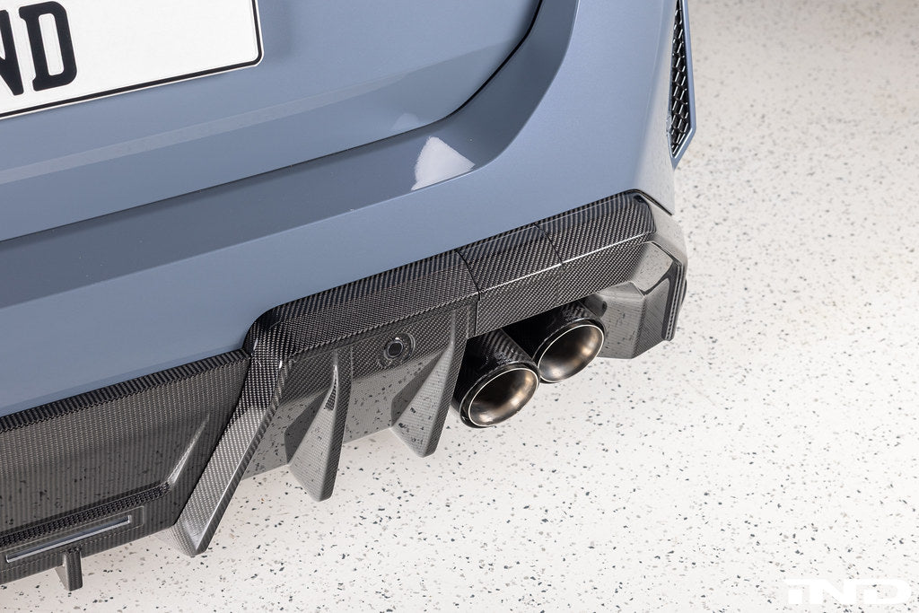 TREVORA G90 G99 M5 carbon fiber rear diffuser for exterior car modification, showcasing its sleek design and aerodynamic features.