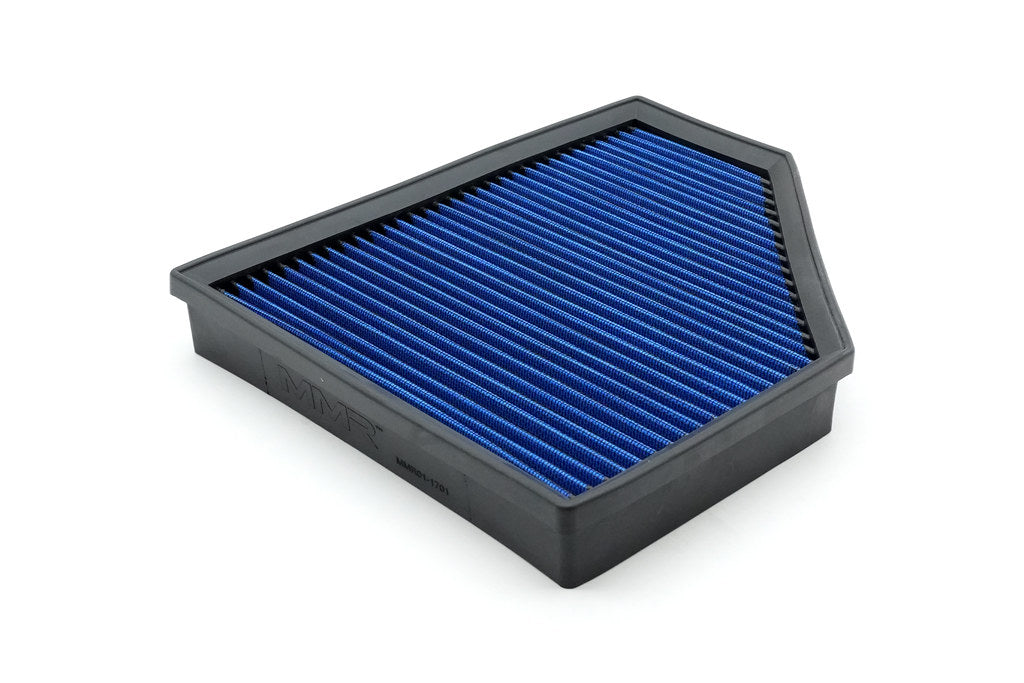 MMX Performance cotton panel air filter for BMW F8X S55 and F1X S63 engines, shows high-flow filter elements and branding.