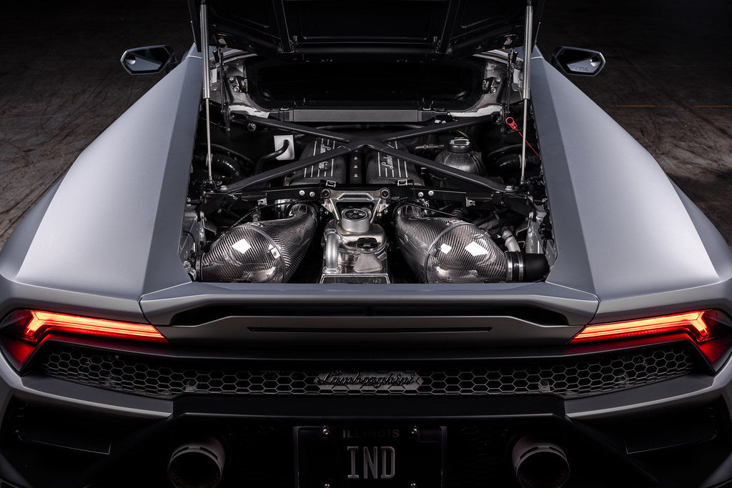 Eventuri Lamborghini Huracan EVO/STO black carbon intake system showcasing sleek, high-performance air intake components.