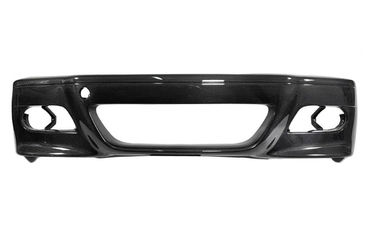 Karbonius E46 M3 carbon front bumper cover for exterior car modification, showcasing sleek black carbon fiber design.