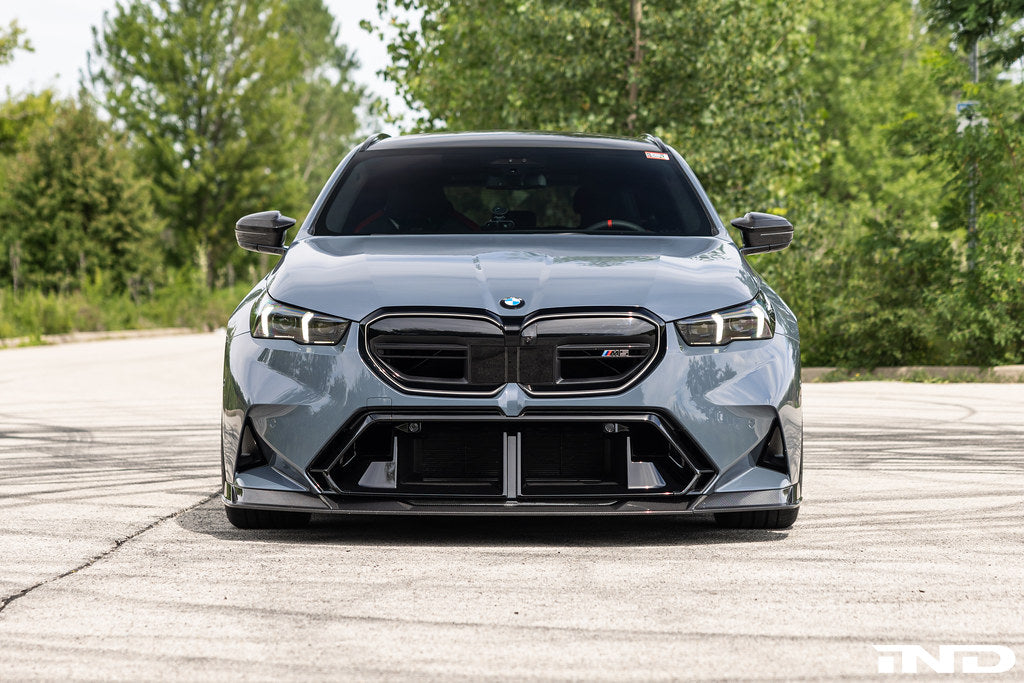 TREVORA G90 G99 M5 carbon fiber front splitter for exterior automotive upgrade, showcasing sleek, aerodynamic design.