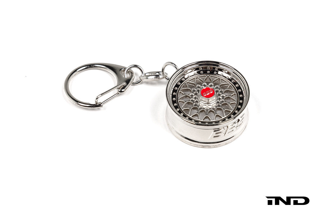 BBS RS key ring with detailed miniature replica of BBS alloy wheel, made of metal, on a keychain loop.