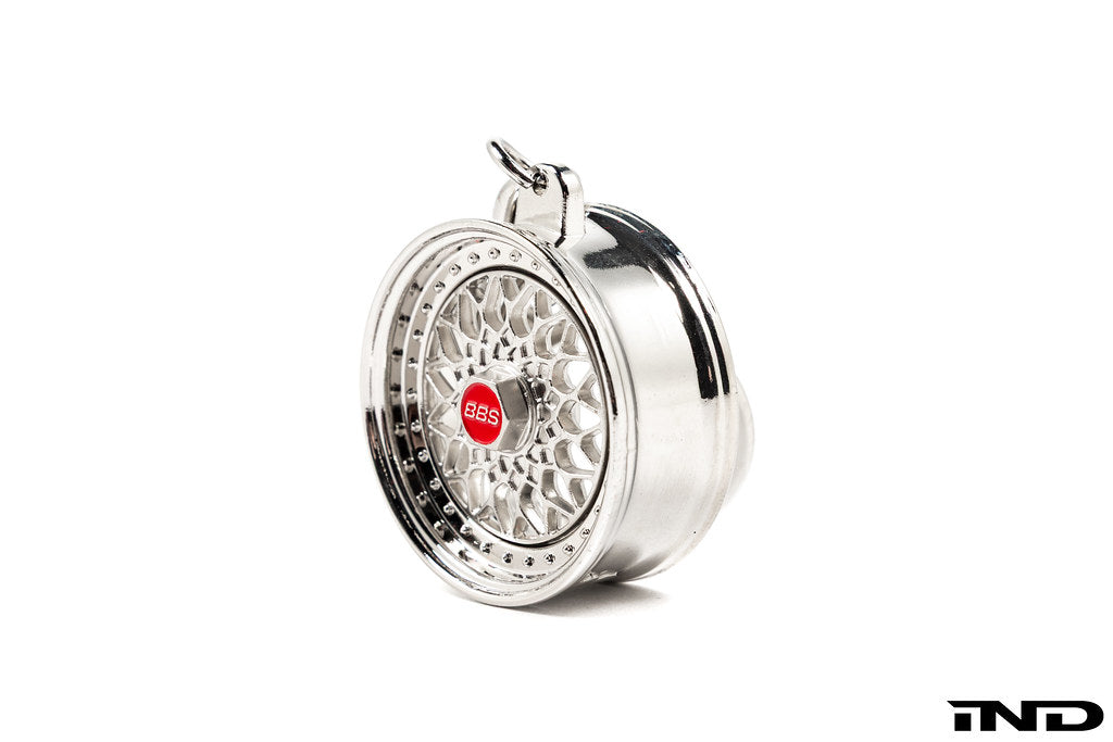 BBS RS key ring with detailed miniature wheel design, featuring the iconic multi-spoke pattern and BBS branding.