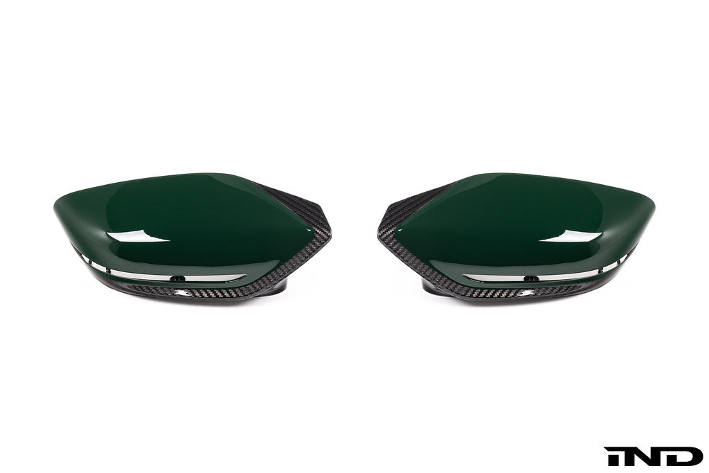 Alpha N G8X M2/M3/M4 carbon mirror cap set for exterior, showcasing sleek black carbon fiber mirror covers on a vehicle.