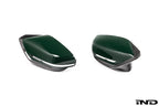 Alpha N G8X M2, M3, M4 carbon mirror cap set for exterior, sleek black finish on BMW models with aerodynamic design.