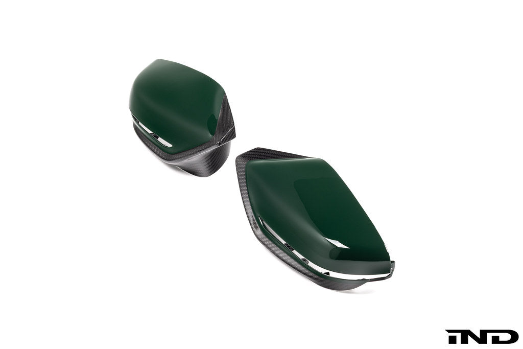 Alpha N G8X M2 M3 M4 carbon mirror cap set for exterior, showing sleek black finish on side mirrors of BMW models.