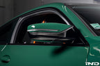 Alpha N G8X M2 M3 M4 carbon exterior mirror cap set showing sleek black finish on vehicle mirrors.