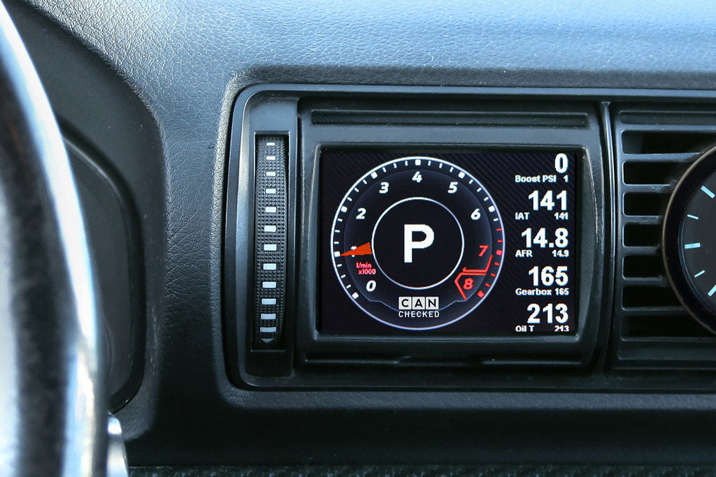 CANchecked Audi B5 S4 / A4 2.8" Gen2 multi-function display inside view, showing dashboard with digital readouts and controls.