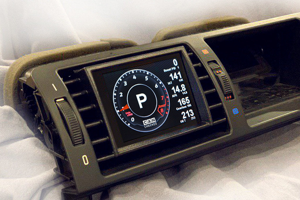 CANchecked E46 M3 3-Series Multi-Function Display 2.8" Gen2 interior screen for LHD vehicles, showing digital gauges and controls.