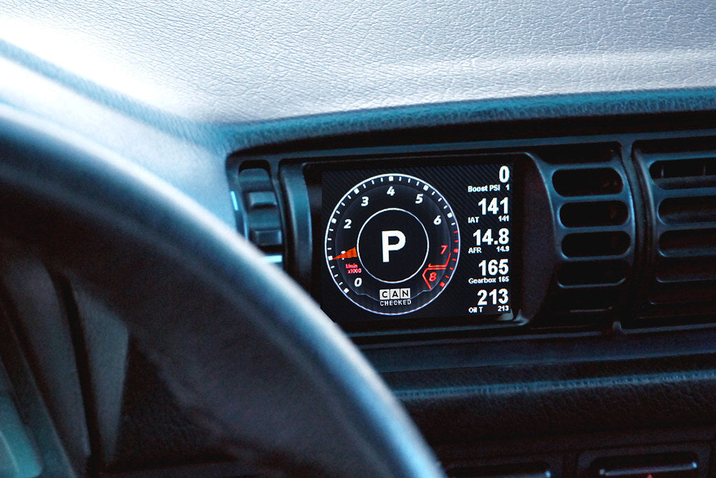 CANchecked E30 M3 / 3-Series multi-function display, 2.8-inch Gen2 interior dashboard screen showing digital readouts.