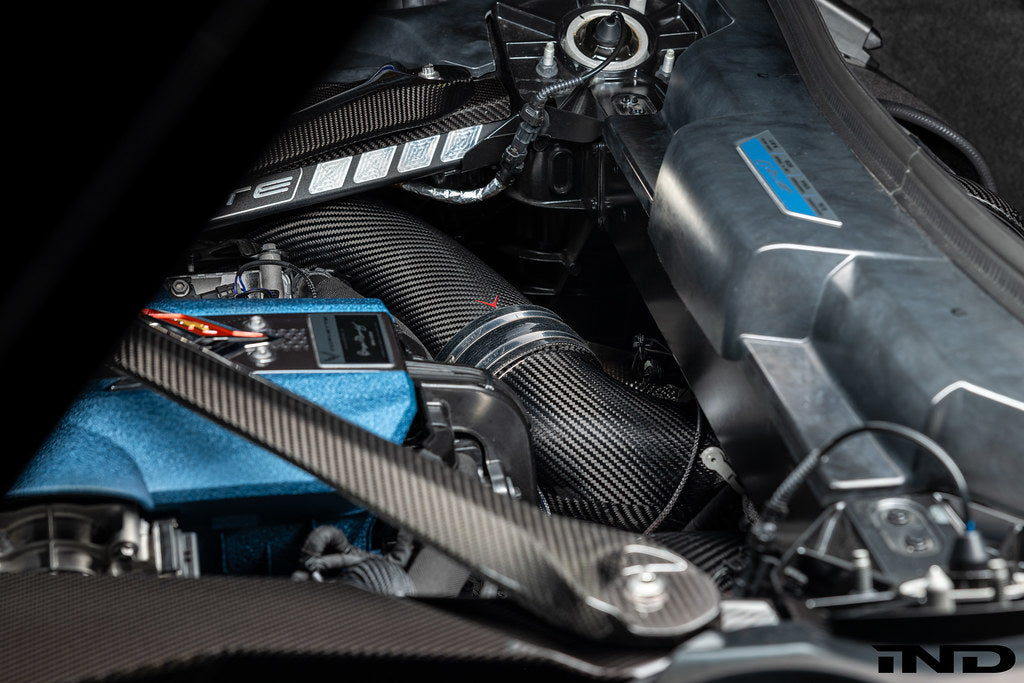 Eventuri Chevrolet Corvette C8 ZR1 coupe black carbon intake system for enhanced performance and airflow.