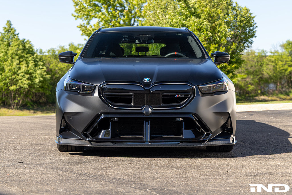 TREVORA G90 G99 M5 carbon fiber front splitter for exterior car enhancement, showcasing sleek aerodynamic design.