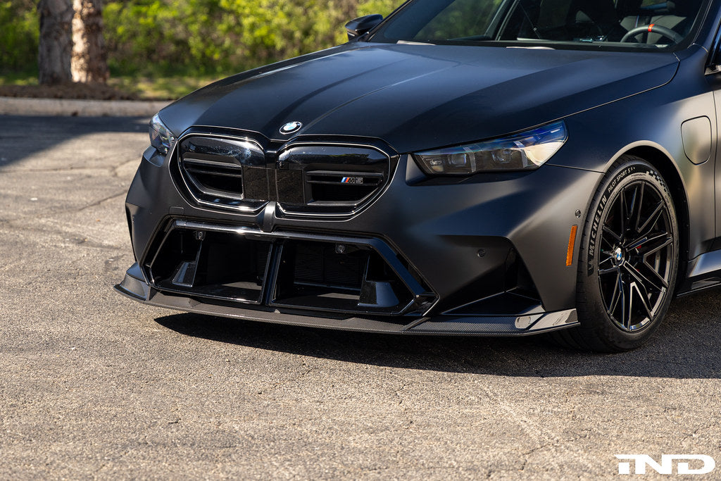 TREVORA G90 G99 M5 carbon fiber front splitter for exterior car enhancement, featuring sleek aerodynamic design.
