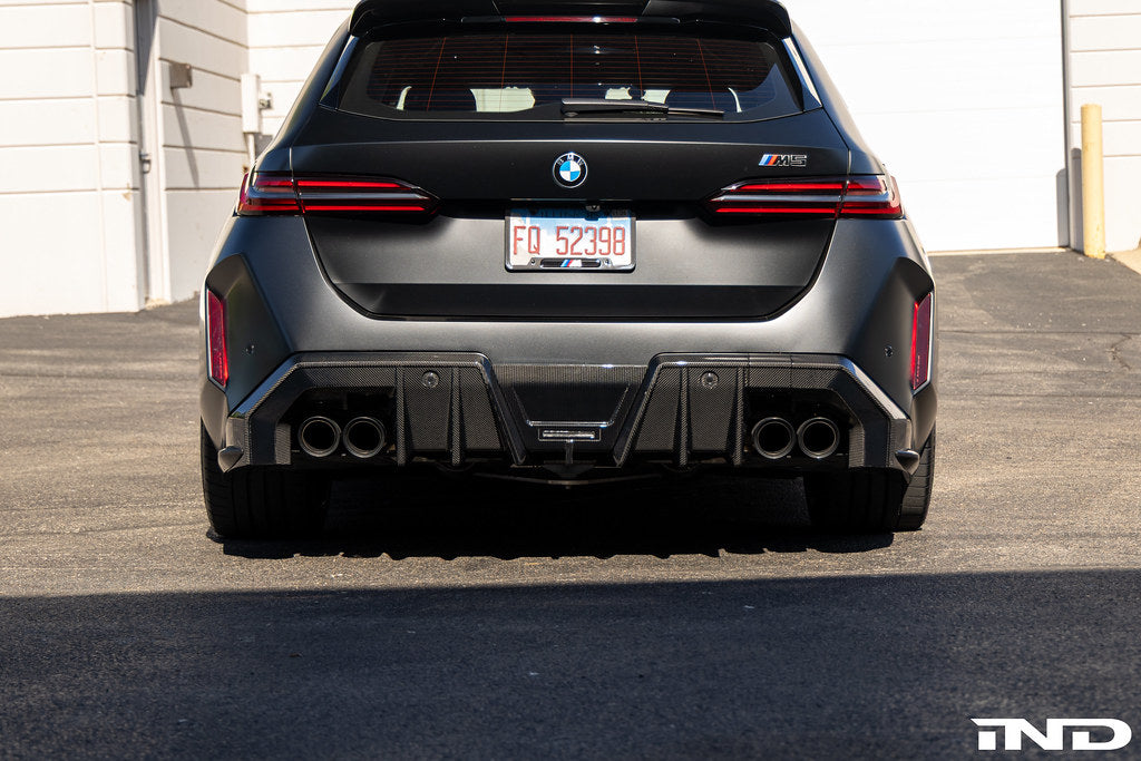 TREVORA G90 G99 M5 carbon fiber rear diffuser for exterior car enhancement, showcasing sleek design and aerodynamic features.