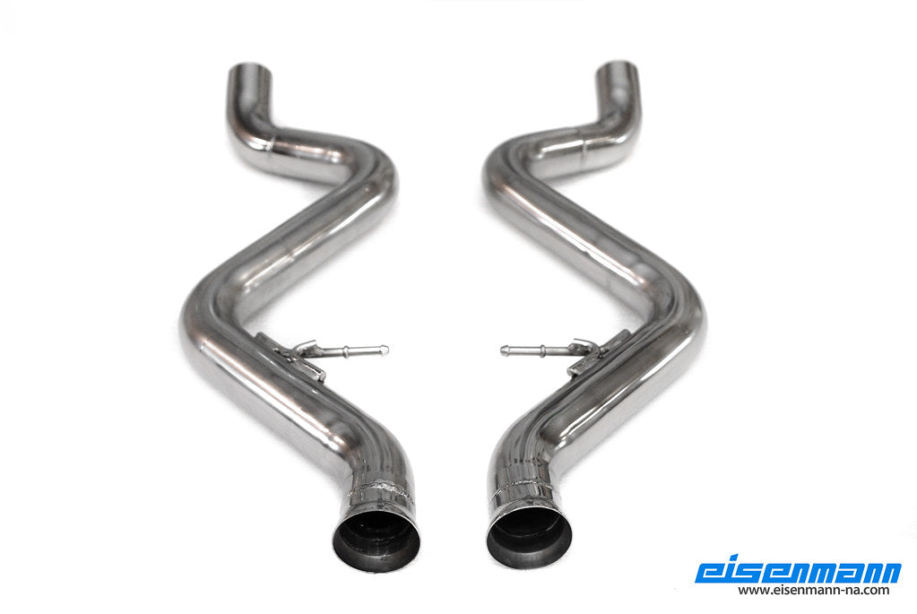 Eisenmann E92/E93 M3 performance exhaust system with polished stainless steel tips and dual exhaust pipes on a vehicle.