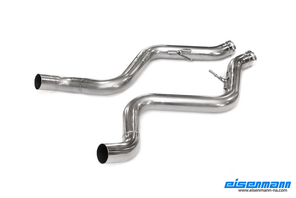 Eisenmann E92/E93 M3 performance exhaust system with polished stainless steel tips and dual outlet design.
