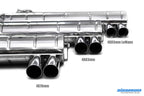 Eisenmann E46 M3 performance exhaust system with polished dual exhaust tips on a car engine bay.