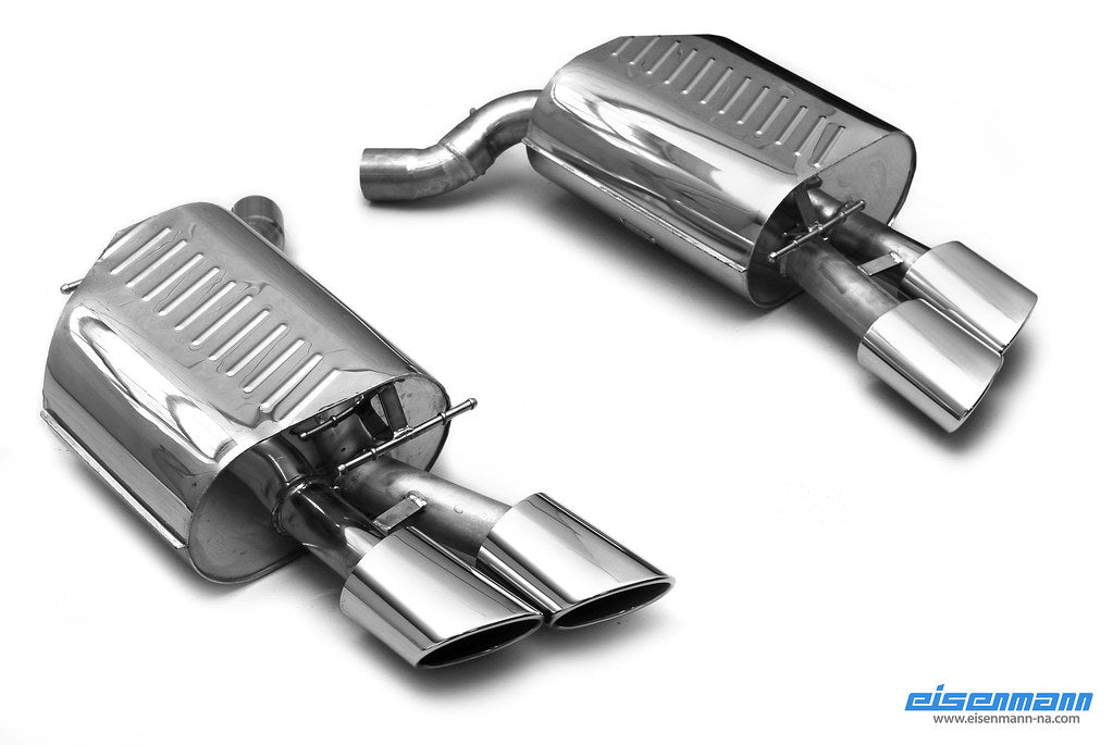 Eisenmann E63/E64 M6 performance exhaust system with polished tips, showcasing sleek stainless steel construction and dual exhaust outlets.