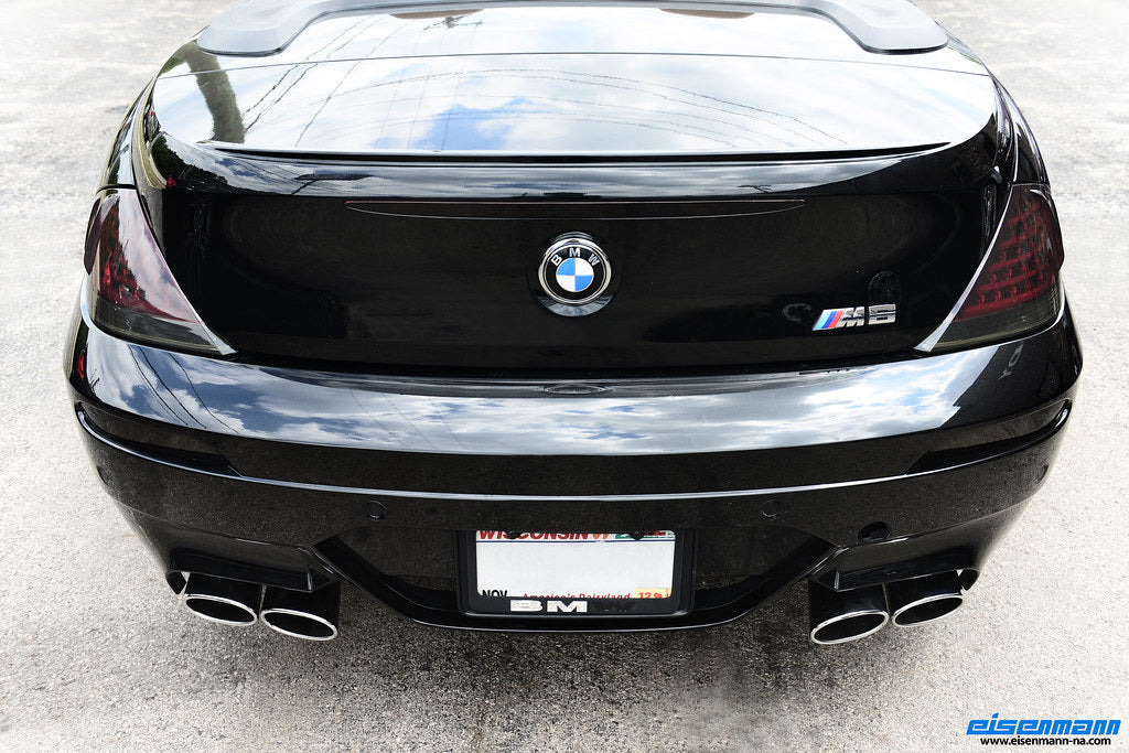 Eisenmann E63/E64 M6 performance exhaust system showing polished metal tips and sleek exhaust pipes.