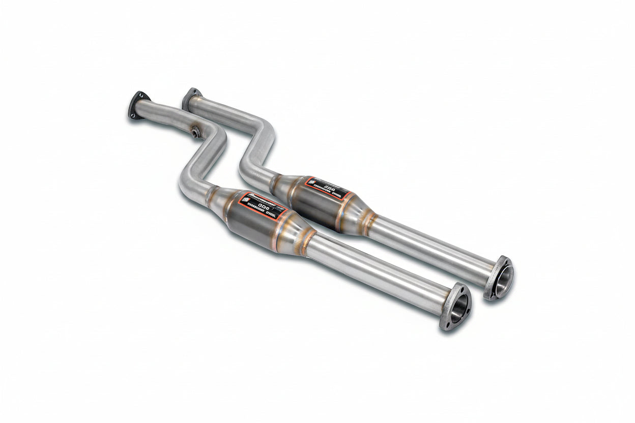 Supersprint BMW E24 M6 M635 front exhaust with metal catalytic converters, showing right and left sides of the exhaust system.