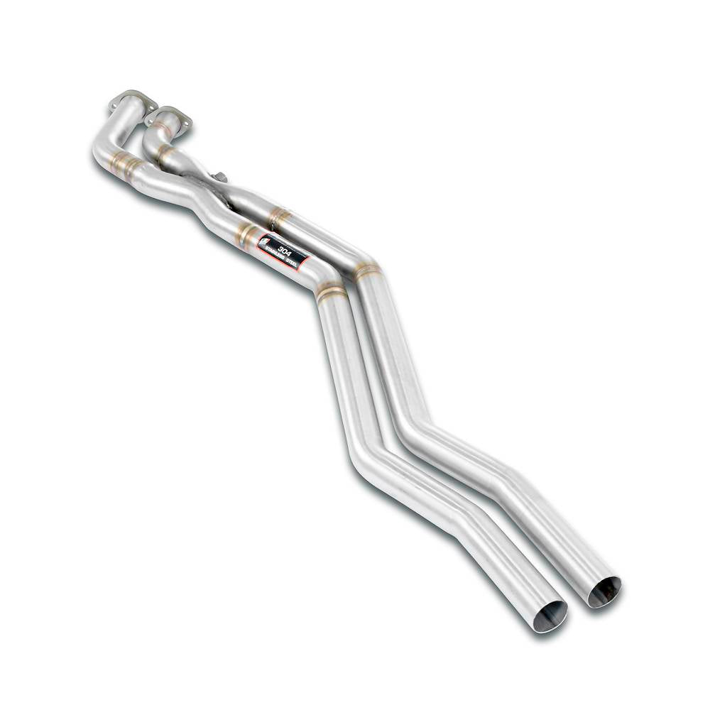 Supersprint ALPINA 3 Series (E30) front X-pipe exhaust system installed on a car, showing the polished metal pipe and fittings.