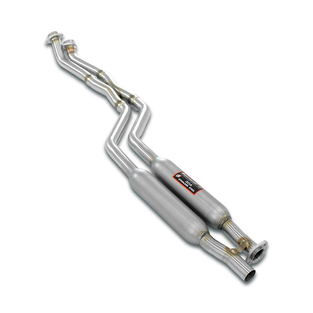Supersprint BMW 3 Series E30 exhaust resonator and front X-pipe, chrome finish, installed on vehicle with visible piping details.