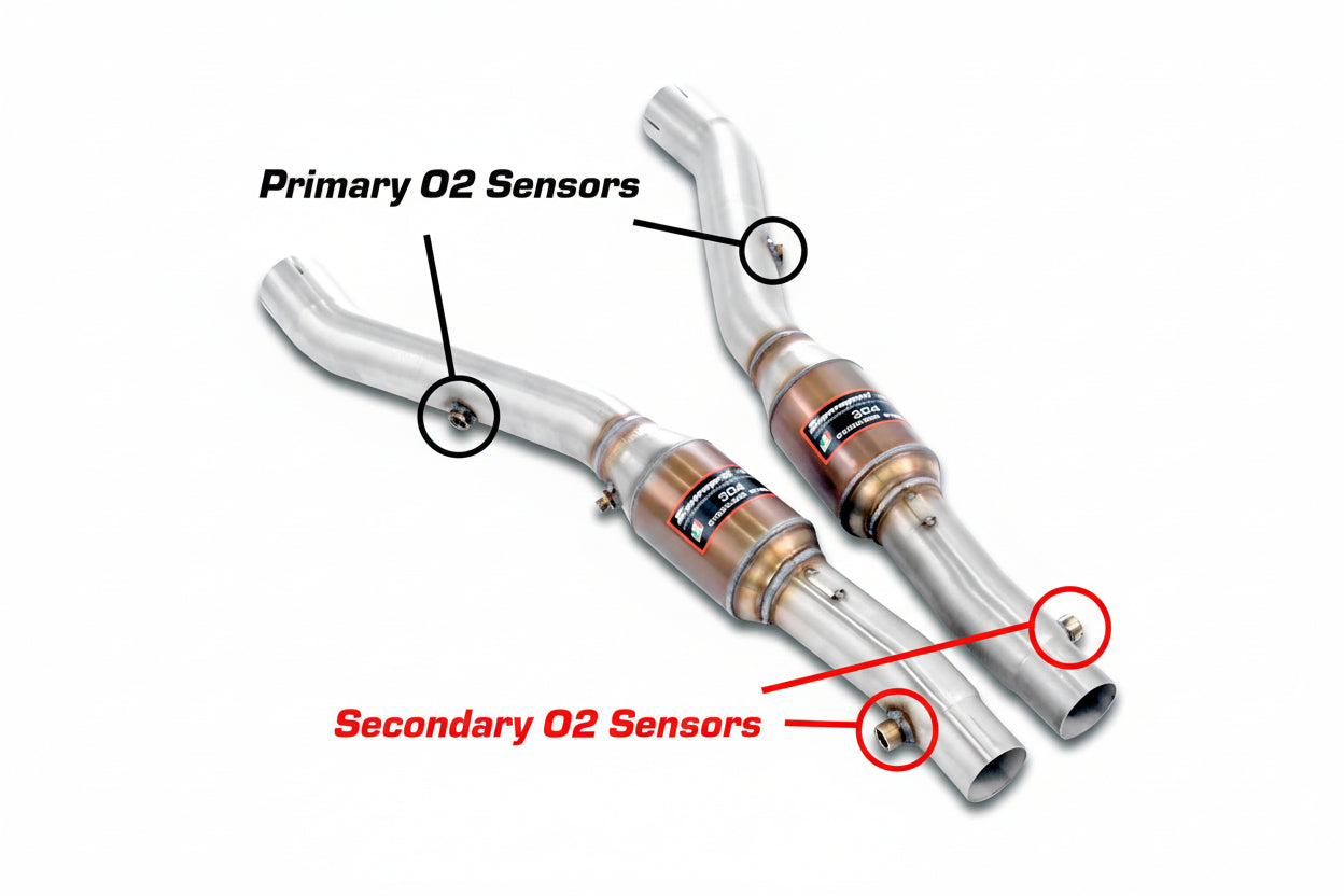 Supersprint catted front pipe set for BMW E39 M5, 540i, E38 740i exhaust system, showing polished metal pipes and connection points.