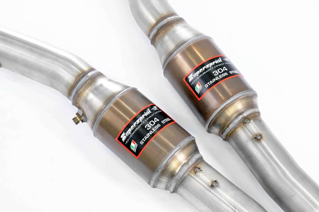Supersprint BMW E39 M5 and E38 740i front pipe set for exhaust system, with catalytic converters, in a detailed product image.