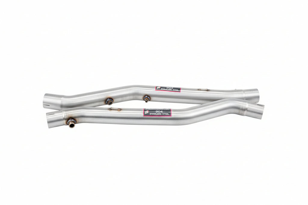 Supersprint stainless front exhaust pipe set for E39 M5, 540i, and E38 740i header system, showing polished metal pipes.