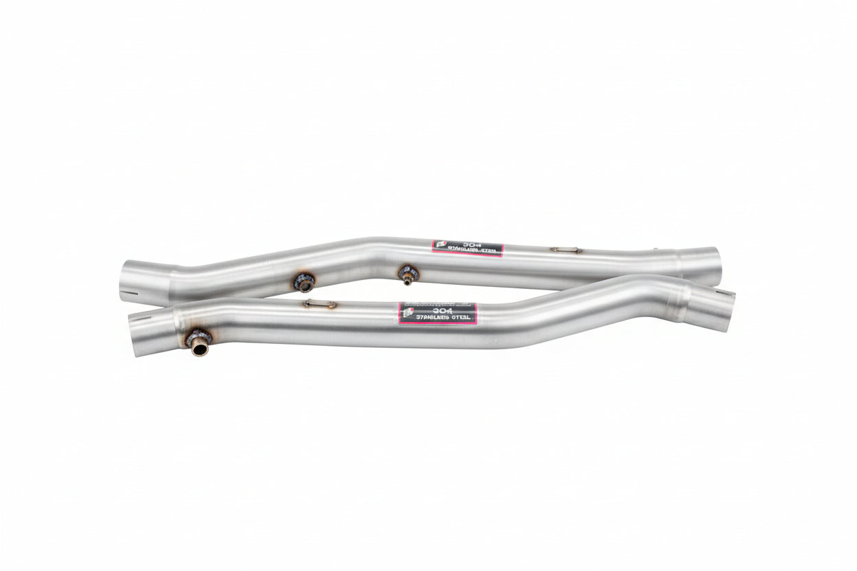 Supersprint stainless front exhaust pipe set for E39 M5, 540i, and E38 740i header system, showing polished metal pipes.