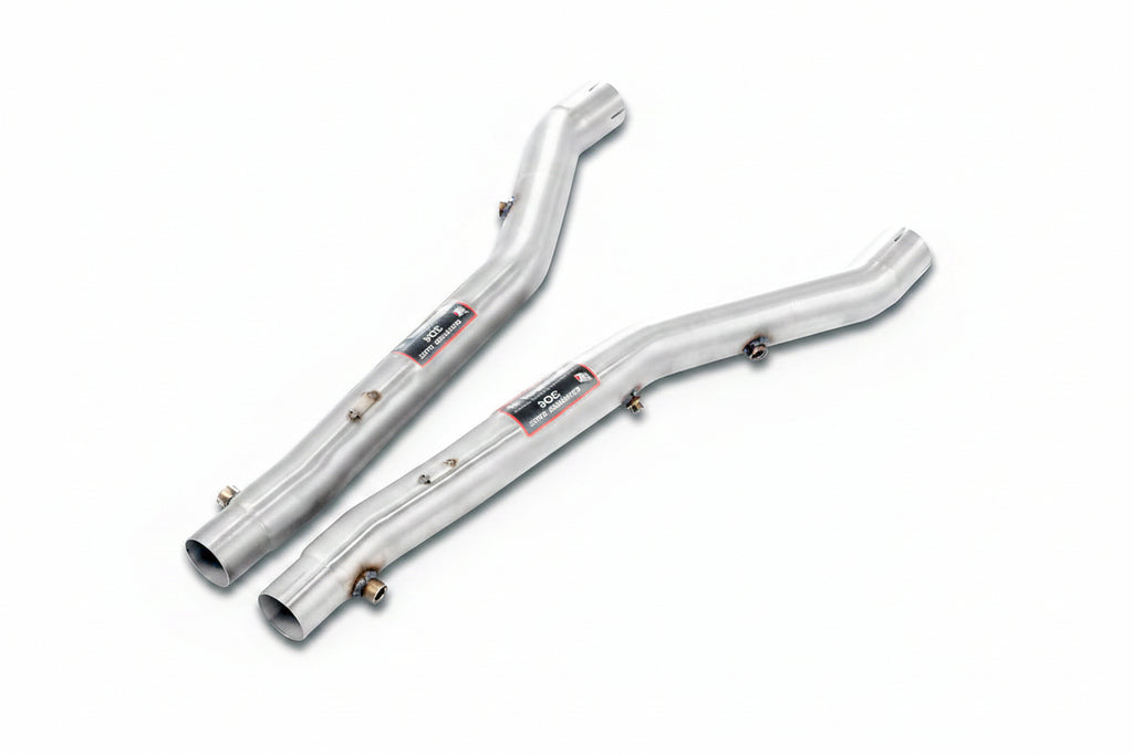 Supersprint stainless steel front pipe set for BMW E39 M5, 540i, and E38 740i exhaust header system, showing polished pipes and connectors.