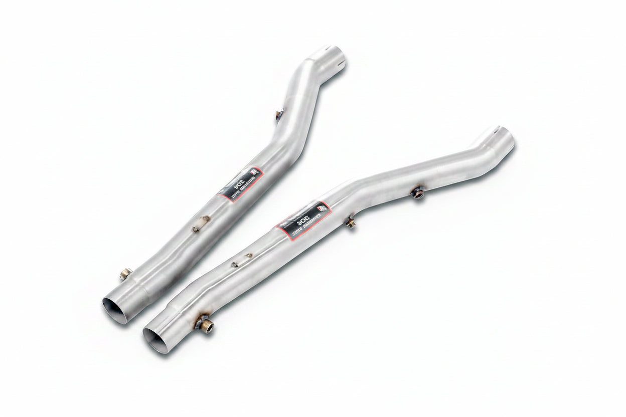 Supersprint stainless steel front pipe set for BMW E39 M5, 540i, and E38 740i exhaust header system, showing polished pipes and connectors.