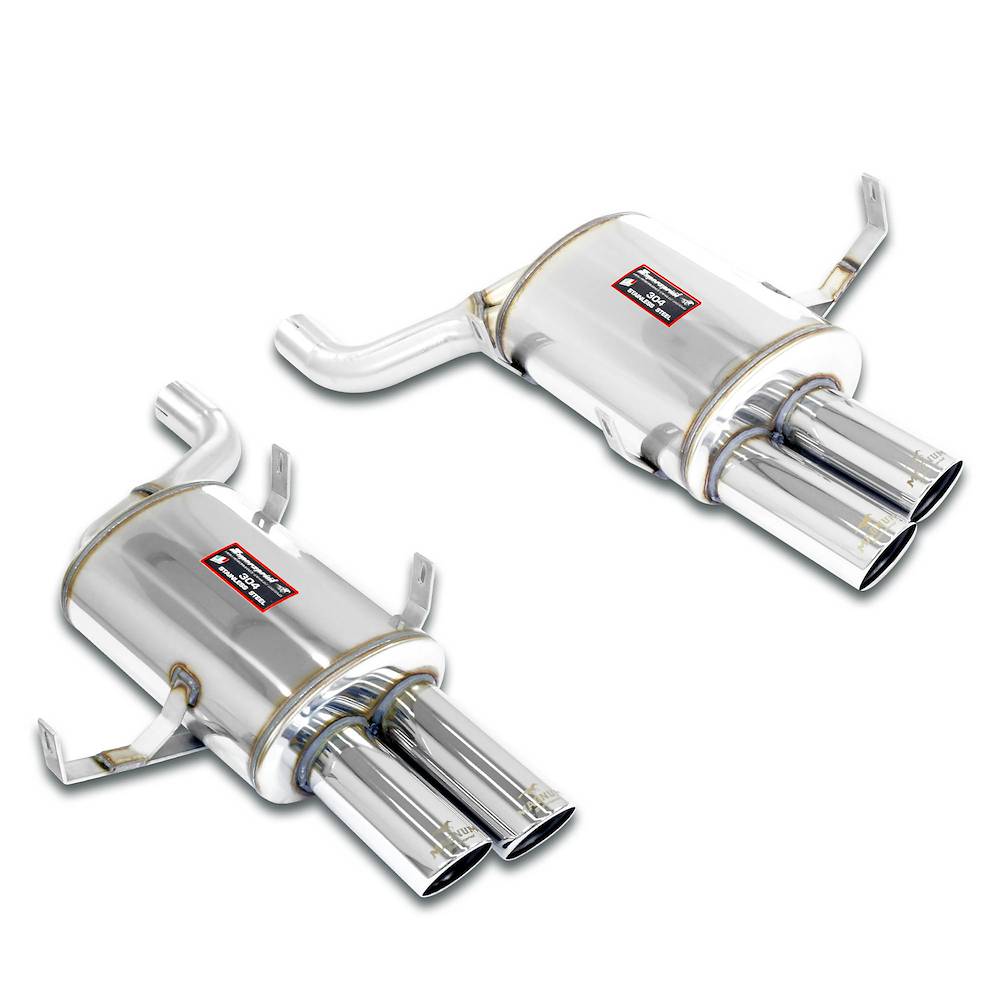Supersprint BMW E39 M5 stainless steel rear exhaust with four 90mm race tips, showcasing polished exhaust tips and piping.