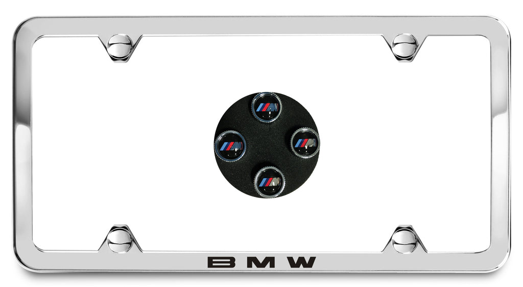 BMW Laser Slimline License Plate Frame with M Logo Valve Stem Caps - Polished Silver