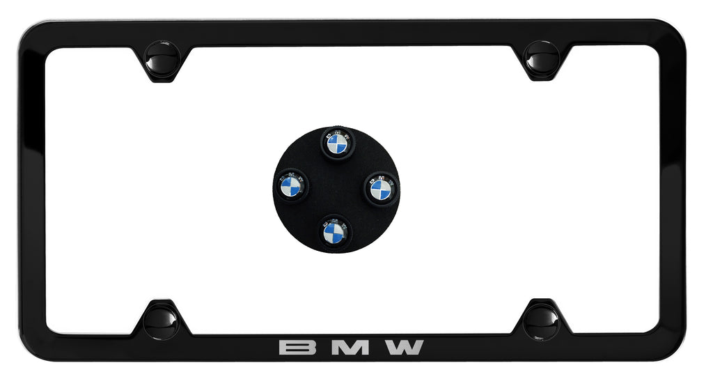 BMW Laser Slimline License Plate Frame with BMW Roundel Valve Stem Caps - Satin Black