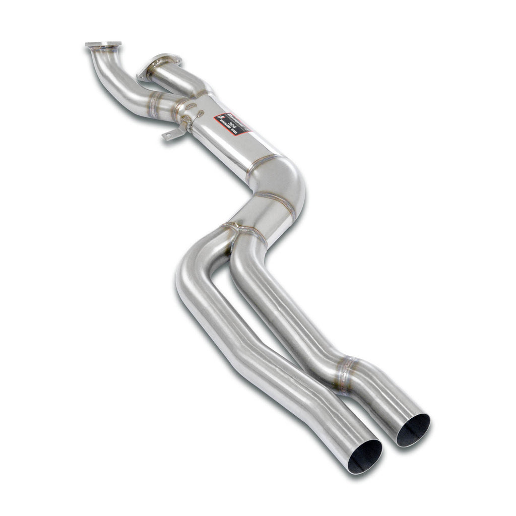 Supersprint BMW G87 M2 exhaust J-Pipe resonator delete package installed on OEM muffler, showcasing the high-performance exhaust system.