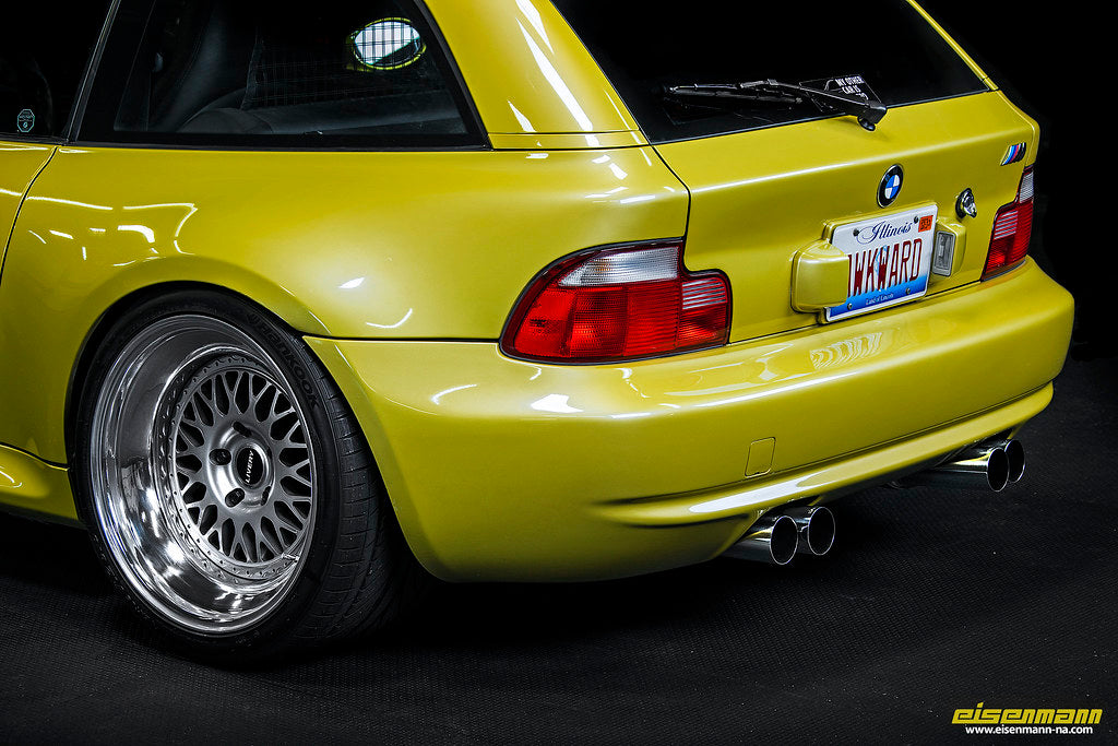 Eisenmann E36/7 Z3M performance exhaust system with polished metal finish, showcasing the dual exhaust tips and sleek design.