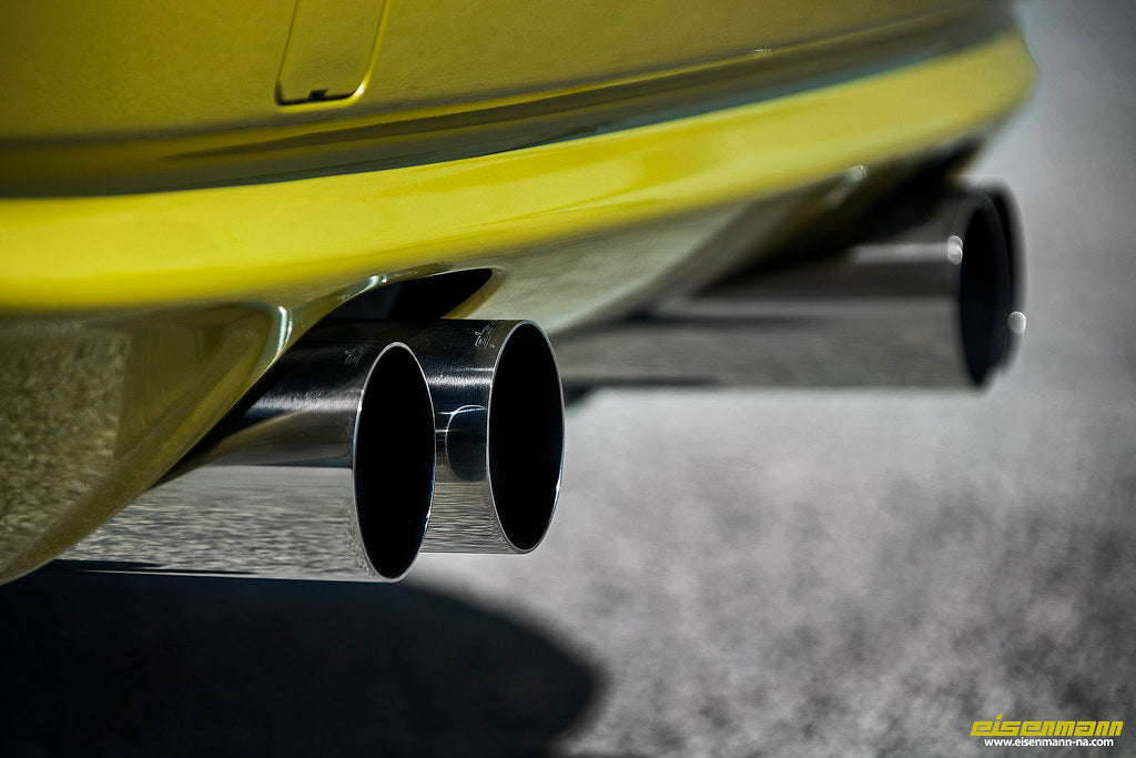 Eisenmann E36/7 Z3M performance exhaust system installed on a BMW Z3M, showcasing the sleek, polished exhaust pipes and tips.